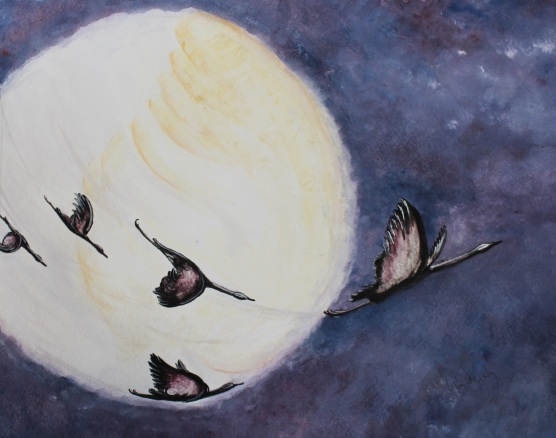 Crane Moon (Full Moon Series: July) -- gouache on paper, mounted on wood panel and varnished . 11x14 . 2011 . sold Crane Moon