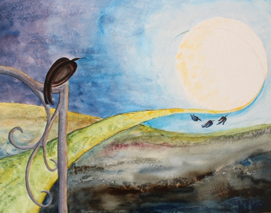 Crow Moon (Full Moon Series: March) -- gouache on paper, mounted on wood panel and varnished . 11x14 . 2011 . $200 Crow Moon