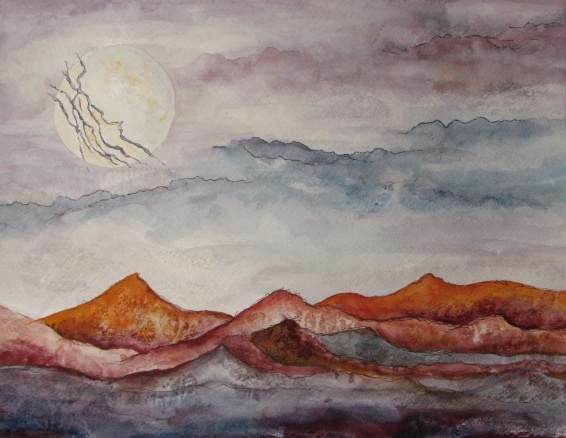 Lightning Moon (Full Moon Series: August) -- gouache on paper, mounted on wood panel and varnished . 11x14 . 2011 . $200 Lightning Moon