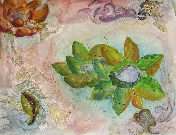 Like Petals on the Earth -- mixed media on paper, mounted on wood panel and varnished . 11x14 . 2009 . $200 Like Petals on the Earth